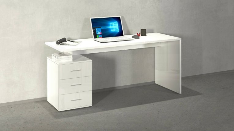 Scrivania Bianco Lucido Modulabile 3 Cassetti 160x60x75h cm, Ripiani - Abisse