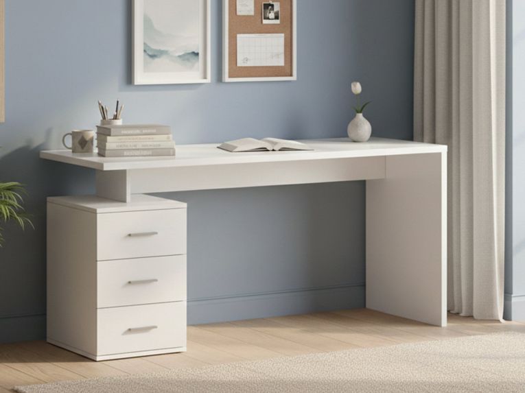 Scrivania Bianco Lucido Modulabile 3 Cassetti 160x60x75h cm, Ripiani - Abisse