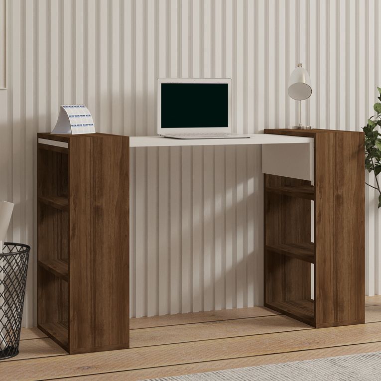 Scrivania Bianco Marrone Noce 5 Ripiani 6 Vani 124x44x75h cm, con Libreria - Furore