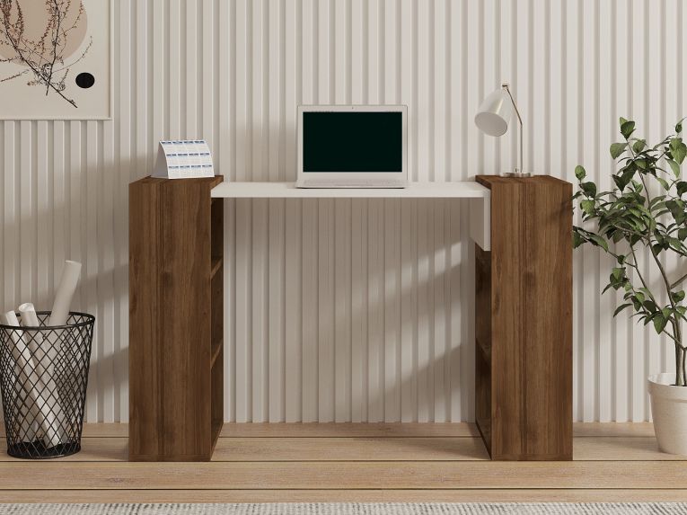 Scrivania Bianco Marrone Noce 5 Ripiani 6 Vani 124x44x75h cm, con Libreria - Furore