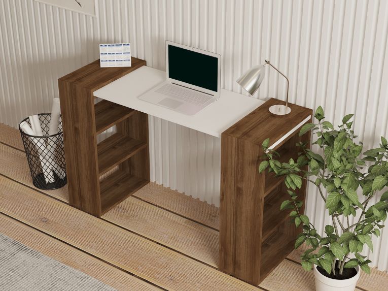 Scrivania Bianco Marrone Noce 5 Ripiani 6 Vani 124x44x75h cm, con Libreria - Furore