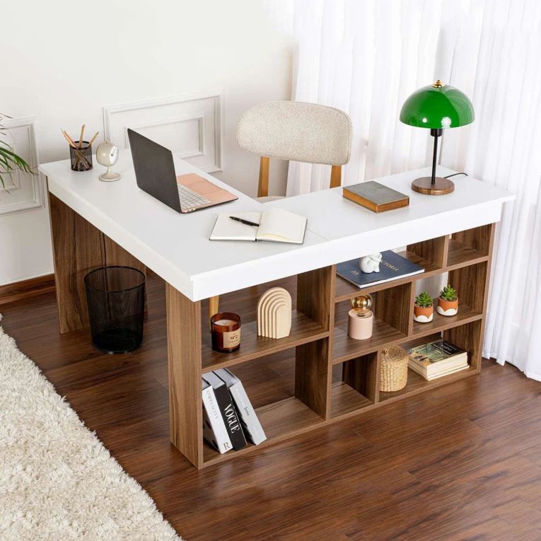 Scrivania Bianco Marrone Noce Angolare 6 Ripiani 130x120x72h cm, 8 Vani - Altin