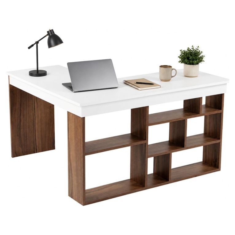 Scrivania Bianco Marrone Noce Angolare 6 Ripiani 130x120x72h cm, 8 Vani - Altin