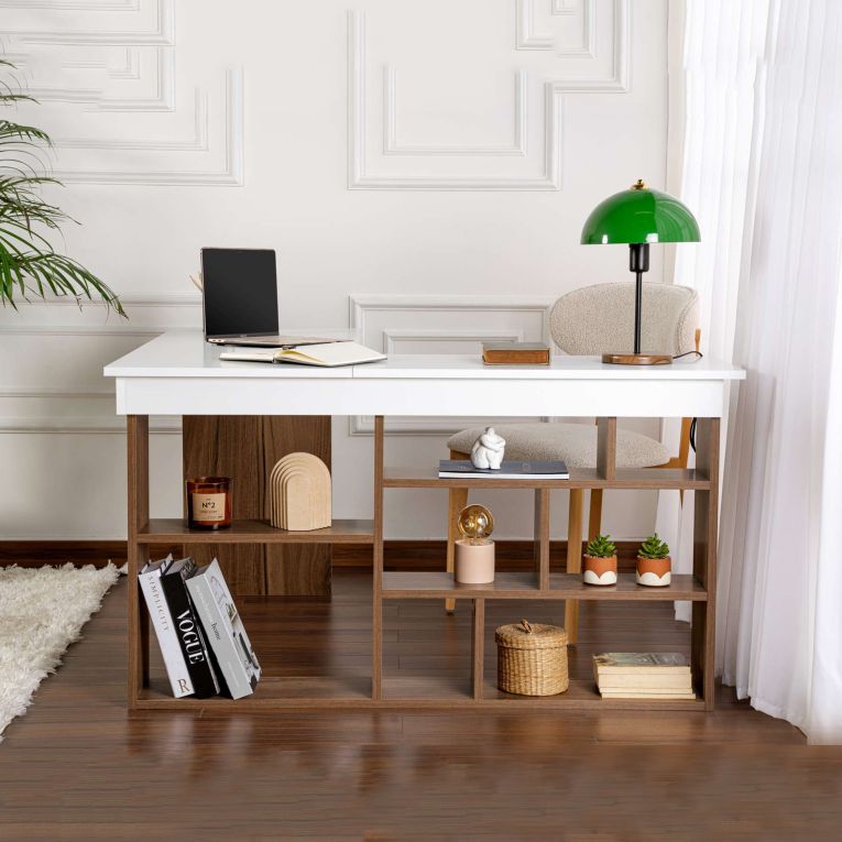 Scrivania Bianco Marrone Noce Angolare 6 Ripiani 130x120x72h cm, 8 Vani - Altin