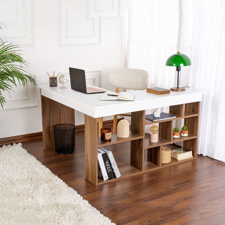 Scrivania Bianco Marrone Noce Angolare 6 Ripiani 130x120x72h cm, 8 Vani - Altin