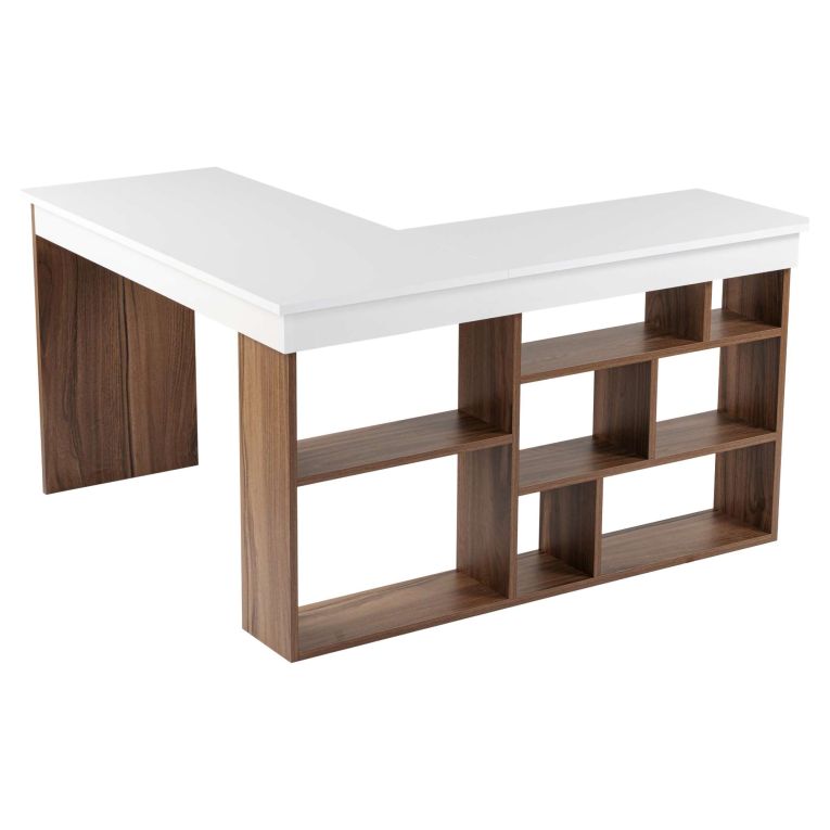 Scrivania Bianco Marrone Noce Angolare 6 Ripiani 130x120x72h cm, 8 Vani - Altin