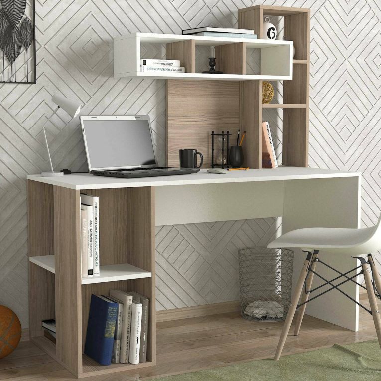 Scrivania Bianco Marrone Rovere 6 Ripiani 8 Vani 140x60x154h cm, con Libreria - Recetto