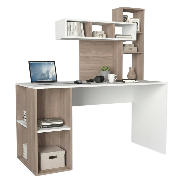 Scrivania Bianco Marrone Rovere 6 Ripiani 8 Vani 140x60x154h cm, con Libreria - Recetto