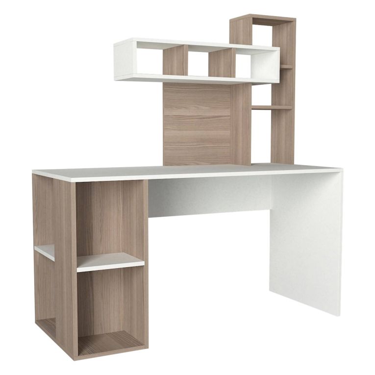 Scrivania Bianco Marrone Rovere 6 Ripiani 8 Vani 140x60x154h cm, con Libreria - Recetto