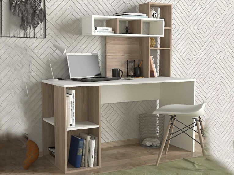 Scrivania Bianco Marrone Rovere 6 Ripiani 8 Vani 140x60x154h cm, con Libreria - Recetto