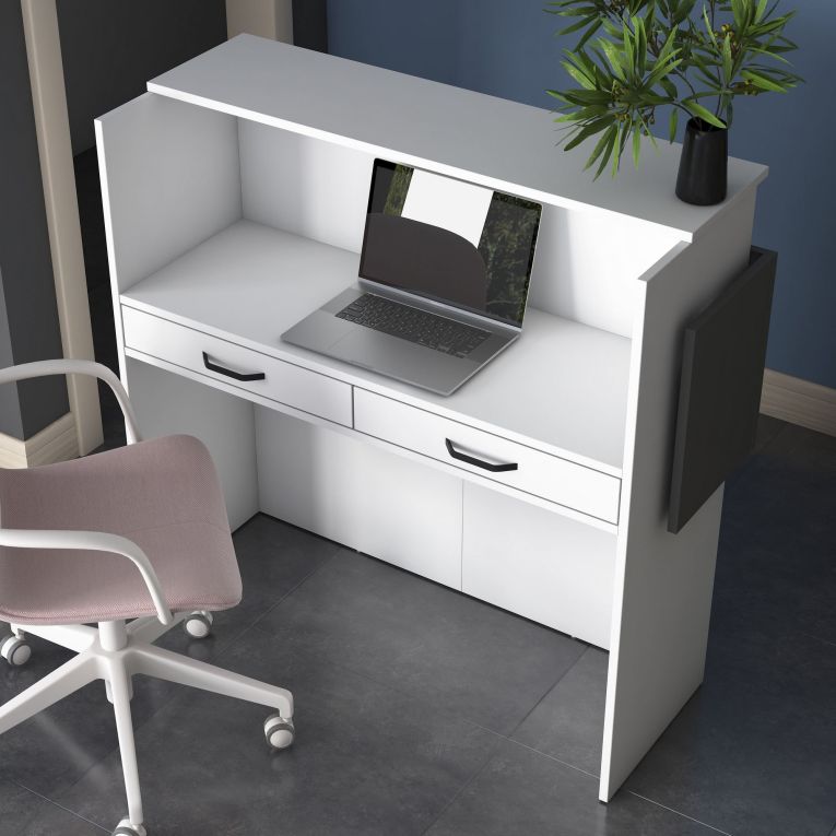 Scrivania Bianco Nero Antracite un Ripiano 2 Cassetti 110x40x110h cm, Banco Reception - Volano