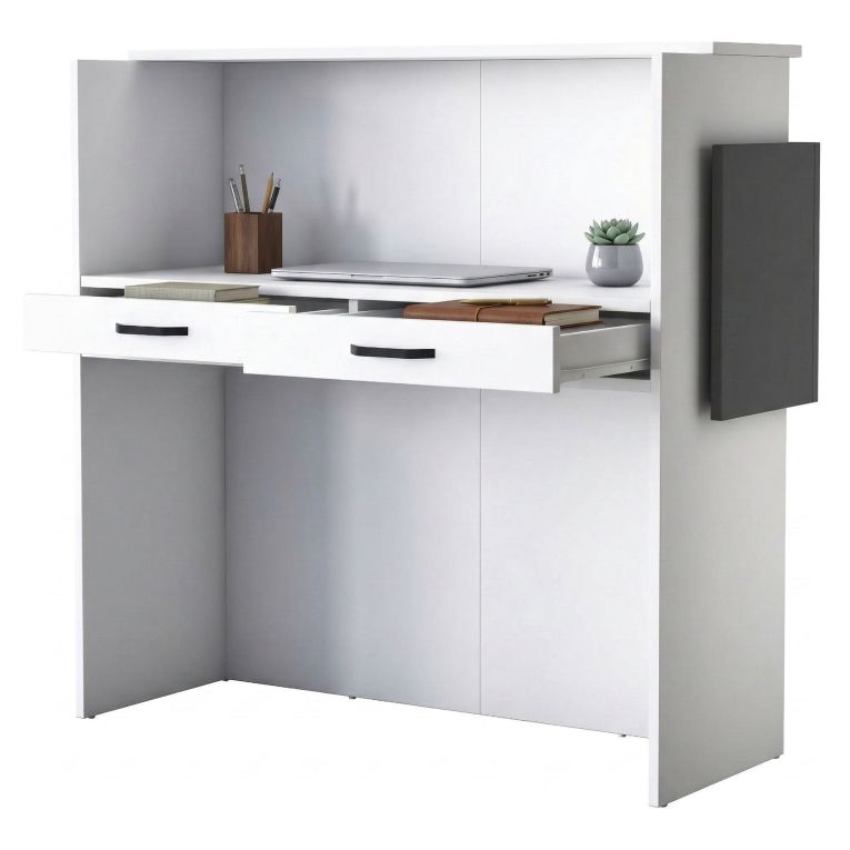 Scrivania Bianco Nero Antracite un Ripiano 2 Cassetti 110x40x110h cm, Banco Reception - Volano