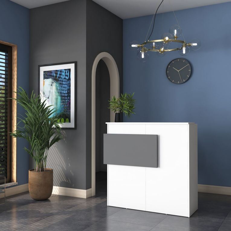 Scrivania Bianco Nero Antracite un Ripiano 2 Cassetti 110x40x110h cm, Banco Reception - Volano
