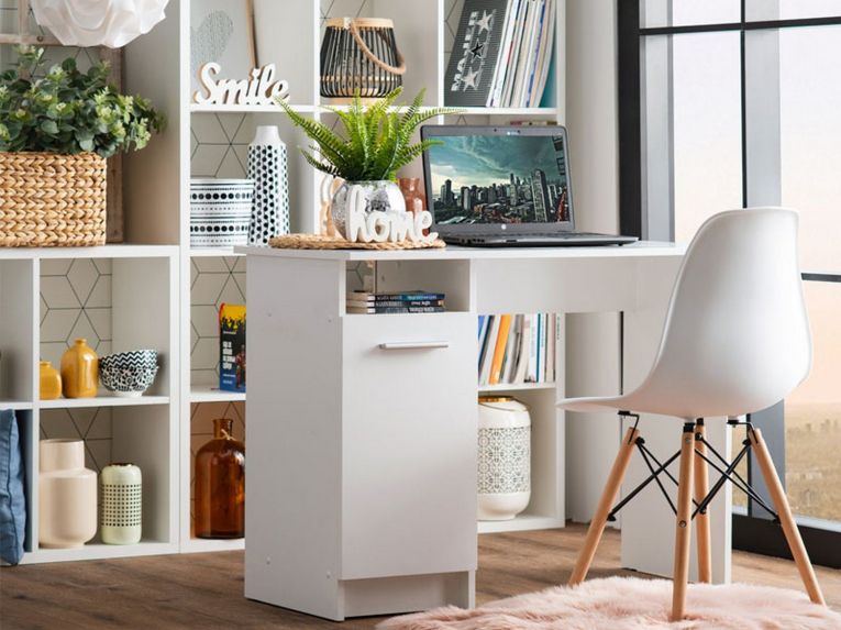 Scrivania Bianco Opaco 2 Ripiani 3 Vani 100x50x74.5h cm, Un'anta - Tiriolo