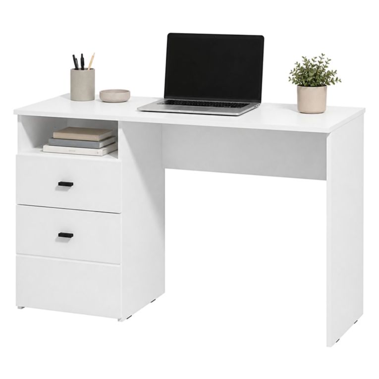 Scrivania Bianco Opaco Nero 2 Cassetti 2 Ripiani 127x51x77h cm, un Vano - Frutal