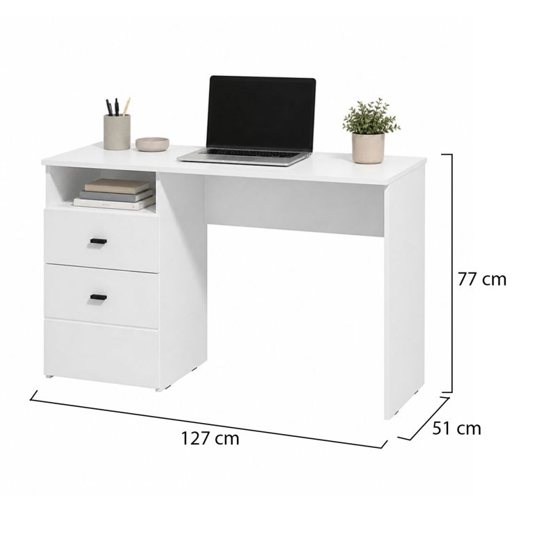 Scrivania Bianco Opaco Nero 2 Cassetti 2 Ripiani 127x51x77h cm, un Vano - Frutal