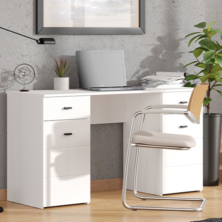 Scrivania Bianco Opaco Nero 2 Cassetti 3 Ripiani 140x50x77h cm, 2 Ante - Ziro