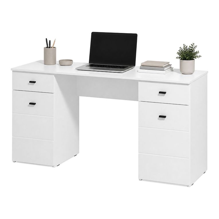 Scrivania Bianco Opaco Nero 2 Cassetti 3 Ripiani 140x50x77h cm, 2 Ante - Ziro