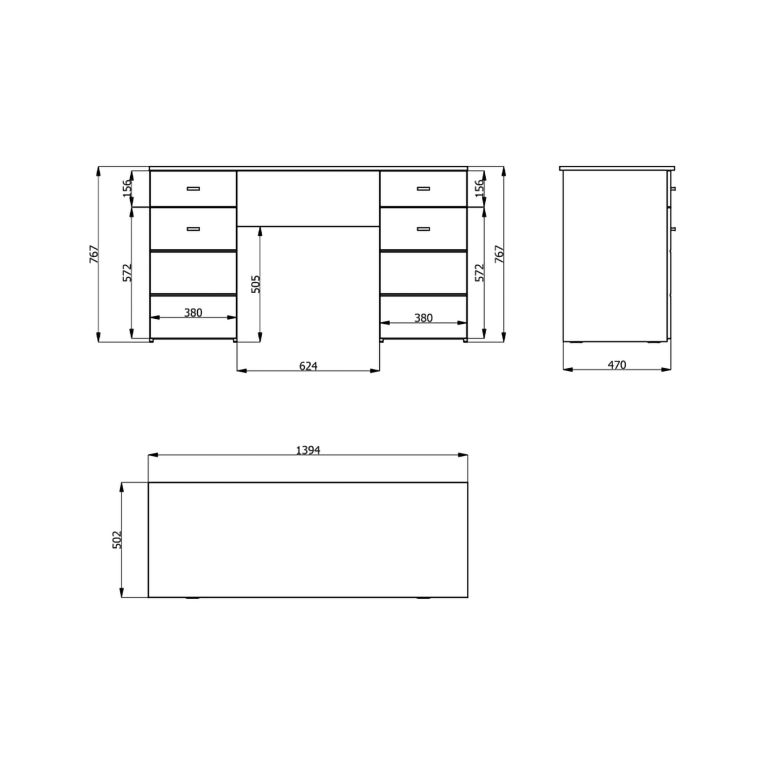 Scrivania Bianco Opaco Nero 2 Cassetti 3 Ripiani 140x50x77h cm, 2 Ante - Ziro