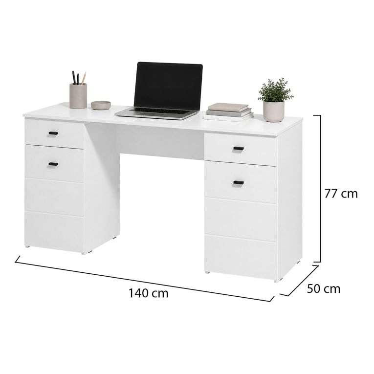 Scrivania Bianco Opaco Nero 2 Cassetti 3 Ripiani 140x50x77h cm, 2 Ante - Ziro