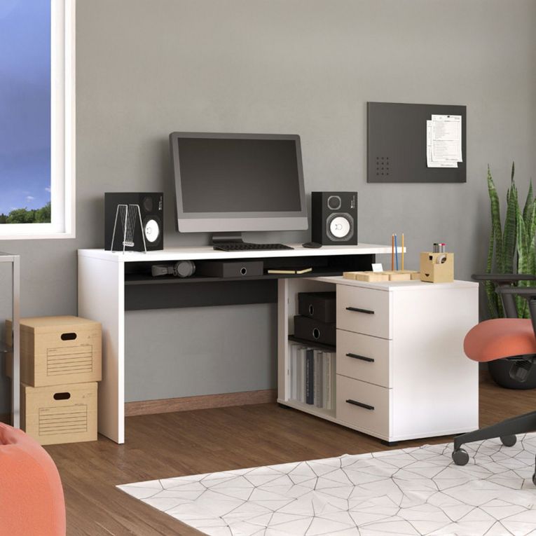 Scrivania Bianco Opaco Nero Angolare 3 Ripiani 137.5x101.5x75h cm, 3 Cassetti - Sapri