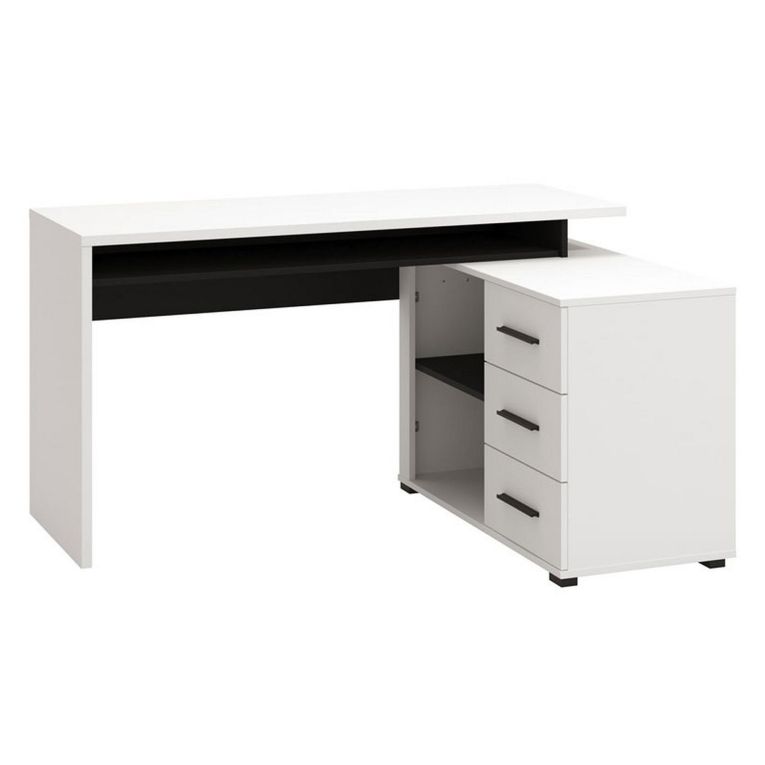 Scrivania Bianco Opaco Nero Angolare 3 Ripiani 137.5x101.5x75h cm, 3 Cassetti - Sapri