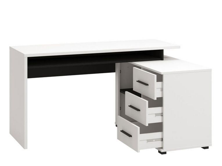 Scrivania Bianco Opaco Nero Angolare 3 Ripiani 137.5x101.5x75h cm, 3 Cassetti - Sapri
