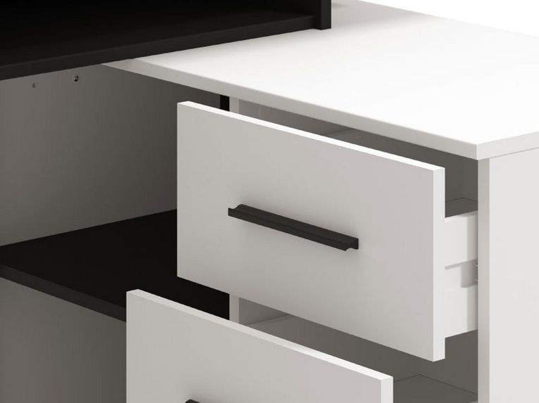 Scrivania Bianco Opaco Nero Angolare 3 Ripiani 137.5x101.5x75h cm, 3 Cassetti - Sapri