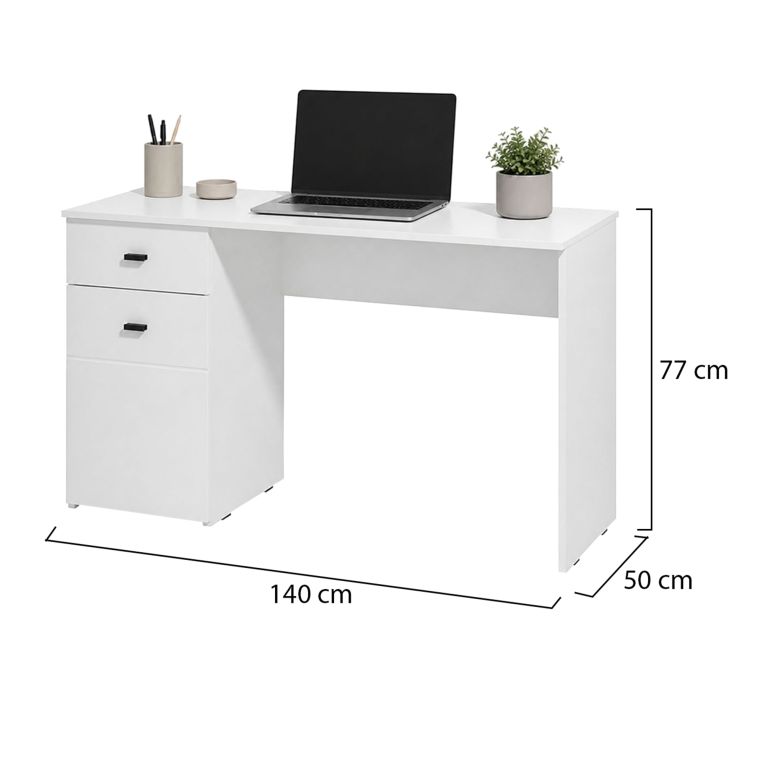 Scrivania Bianco Opaco Nero un Cassetto un Ripiano 140x50x77h cm, Un'anta - Porven