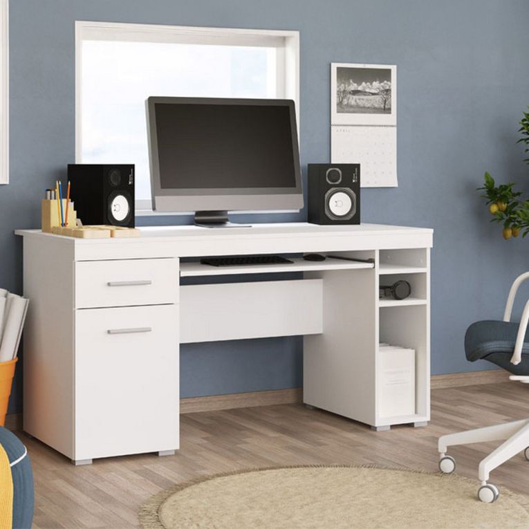 Scrivania Bianco Opaco un Cassetto 5 Ripiani 145x65.5x75.5h cm, Un'anta - Massafra