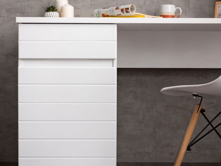 Scrivania Bianco un Cassetto un Ripiano 130x50x75.5h cm, Un'anta - Cambio