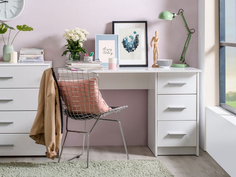 Scrivania Bianco un Ripiano 3 Cassetti 121x50x74.5h cm, Maniglie Incluse - Rifiano