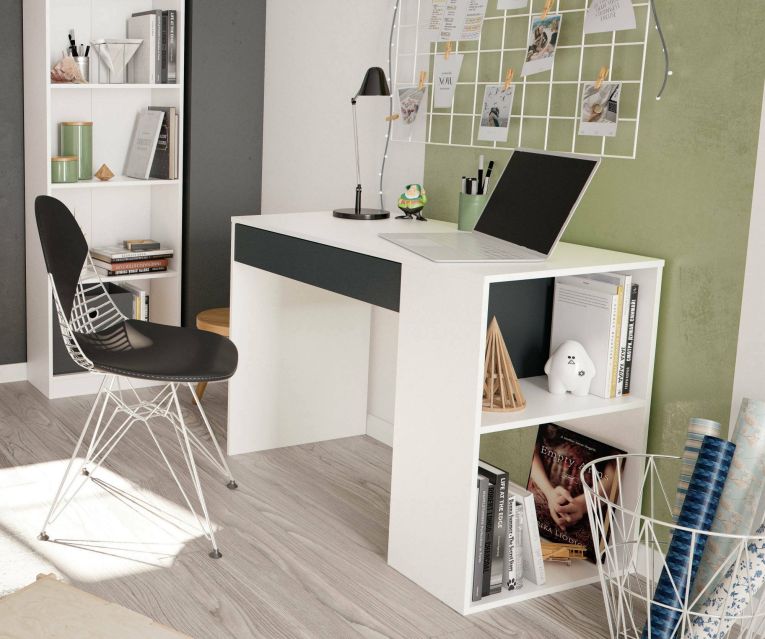 Scrivania Boise, Scrittoio multifunzione reversibile con cassetto, Tavolo da studio o ufficio porta PC, 101x50h73 cm, Bianco e Antracite