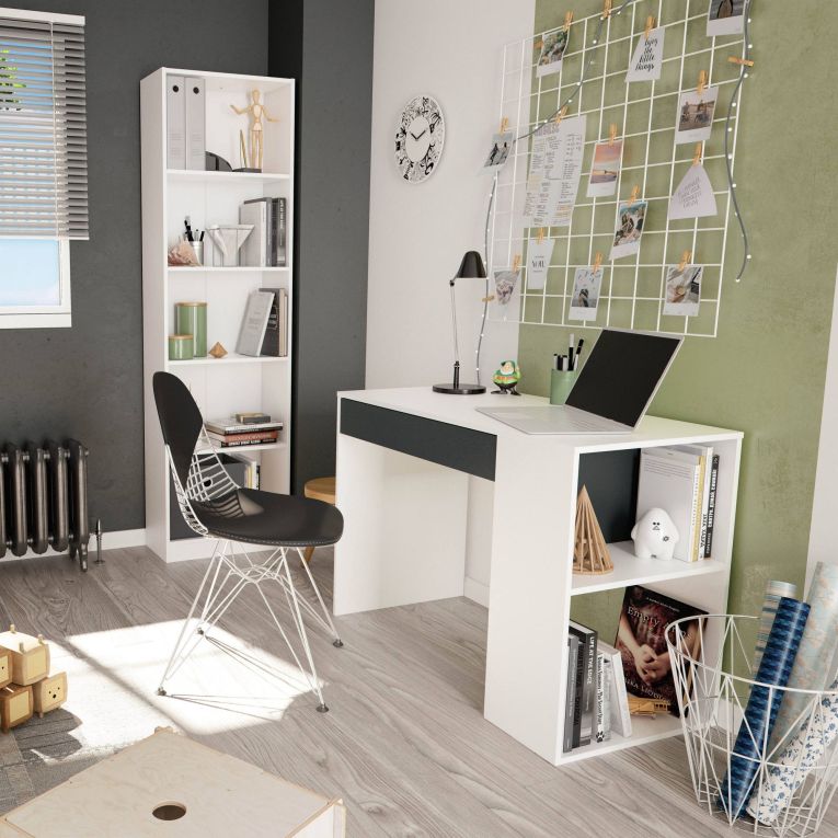 Scrivania Boise, Scrittoio multifunzione reversibile con cassetto, Tavolo da studio o ufficio porta PC, 101x50h73 cm, Bianco e Antracite