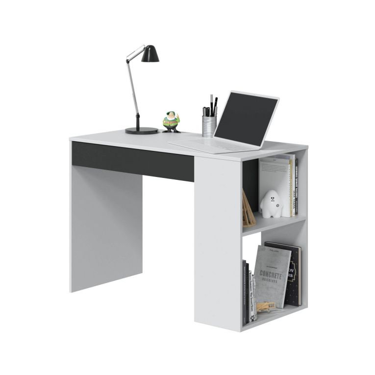 Scrivania Boise, Scrittoio multifunzione reversibile con cassetto, Tavolo da studio o ufficio porta PC, 101x50h73 cm, Bianco e Antracite