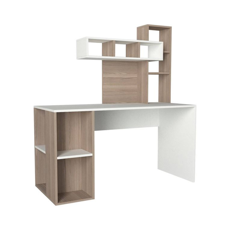Scrivania Bootes, Scrittoio multiuso, Tavolo per ufficio porta PC, Piano di lavoro, 140x60 h154 cm, Bianco e Rovere