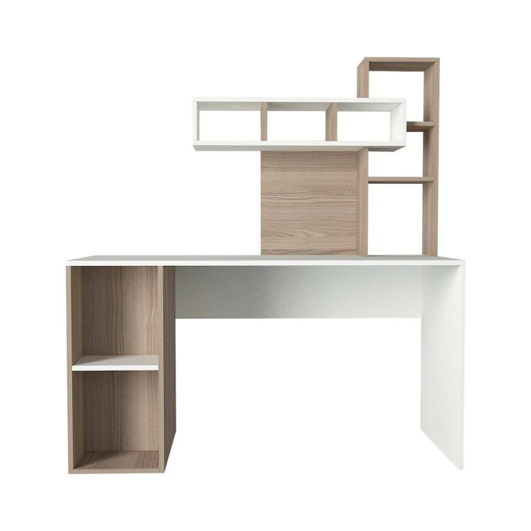 Scrivania Bootes, Scrittoio multiuso, Tavolo per ufficio porta PC, Piano di lavoro, 140x60 h154 cm, Bianco e Rovere