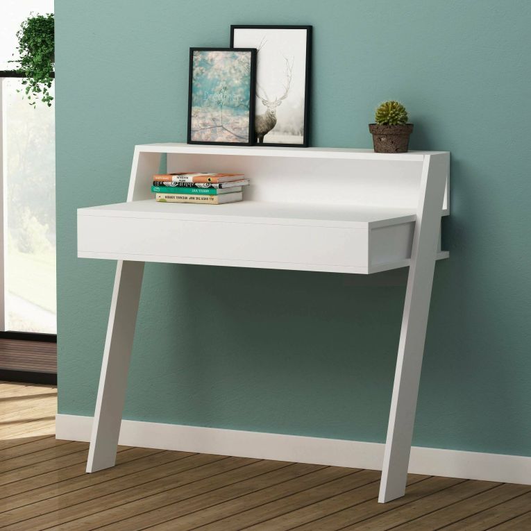 Scrivania Caliban, Scrittoio multiuso, Tavolo per ufficio porta PC, Piano di lavoro, 94x50 h91 cm, Bianco