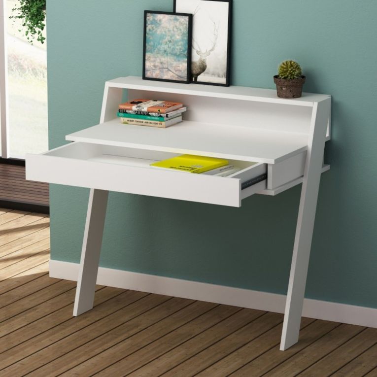 Scrivania Caliban, Scrittoio multiuso, Tavolo per ufficio porta PC, Piano di lavoro, 94x50 h91 cm, Bianco