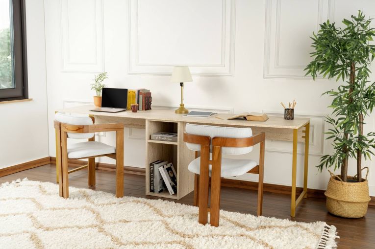 Scrivania Caprioli, Scrittoio multiuso, Tavolo per ufficio porta PC, Piano di lavoro, 240x60 h74 cm, Beige e Oro