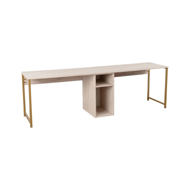 Scrivania Caprioli, Scrittoio multiuso, Tavolo per ufficio porta PC, Piano di lavoro, 240x60 h74 cm, Beige e Oro