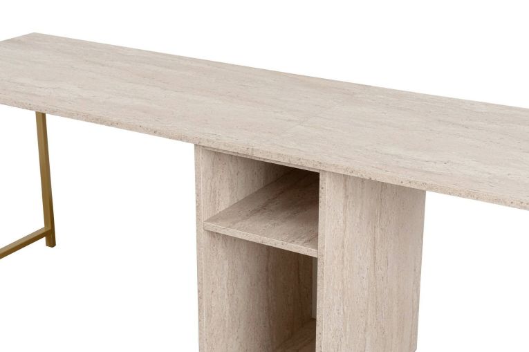 Scrivania Caprioli, Scrittoio multiuso, Tavolo per ufficio porta PC, Piano di lavoro, 240x60 h74 cm, Beige e Oro