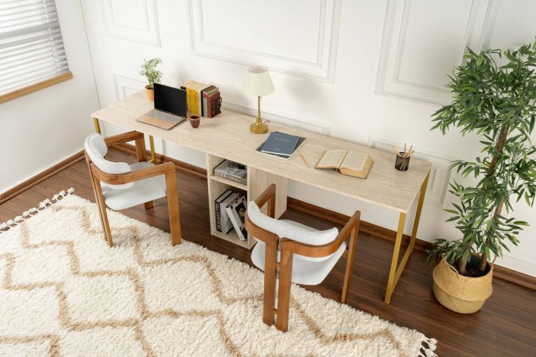 Scrivania Caprioli, Scrittoio multiuso, Tavolo per ufficio porta PC, Piano di lavoro, 240x60 h74 cm, Beige e Oro
