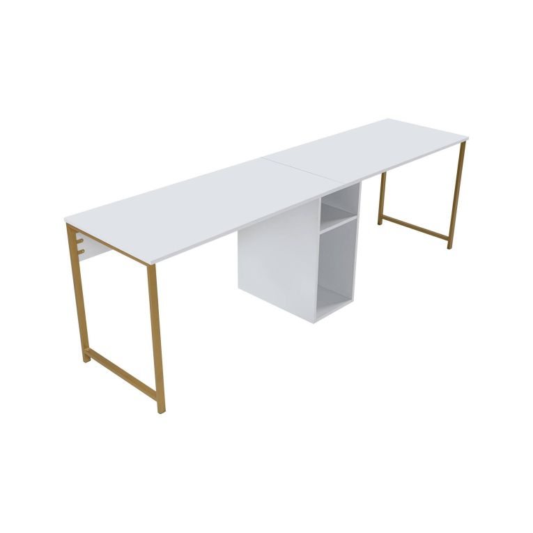 Scrivania Caprioli, Scrittoio multiuso, Tavolo per ufficio porta PC, Piano di lavoro, 240x60 h74 cm, Bianco e Oro