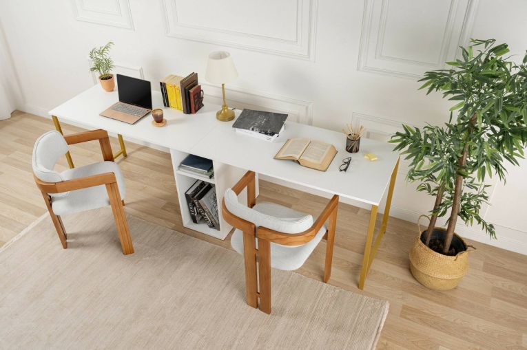 Scrivania Caprioli, Scrittoio multiuso, Tavolo per ufficio porta PC, Piano di lavoro, 240x60 h74 cm, Bianco e Oro