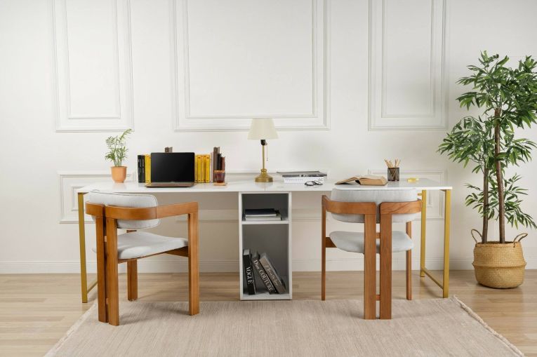Scrivania Caprioli, Scrittoio multiuso, Tavolo per ufficio porta PC, Piano di lavoro, 240x60 h74 cm, Bianco e Oro