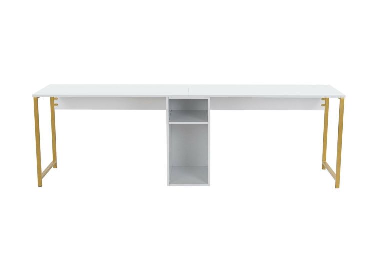Scrivania Caprioli, Scrittoio multiuso, Tavolo per ufficio porta PC, Piano di lavoro, 240x60 h74 cm, Bianco e Oro