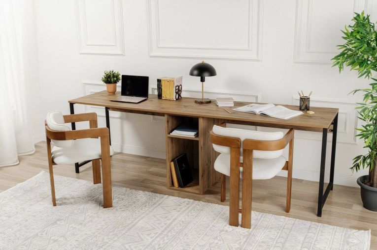 Scrivania Caprioli, Scrittoio multiuso, Tavolo per ufficio porta PC, Piano di lavoro, 240x60 h74 cm, Pino e Nero