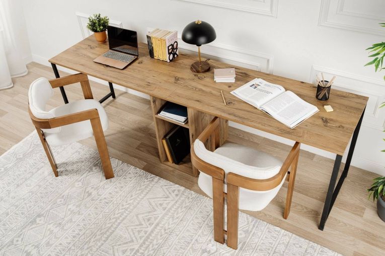 Scrivania Caprioli, Scrittoio multiuso, Tavolo per ufficio porta PC, Piano di lavoro, 240x60 h74 cm, Pino e Nero