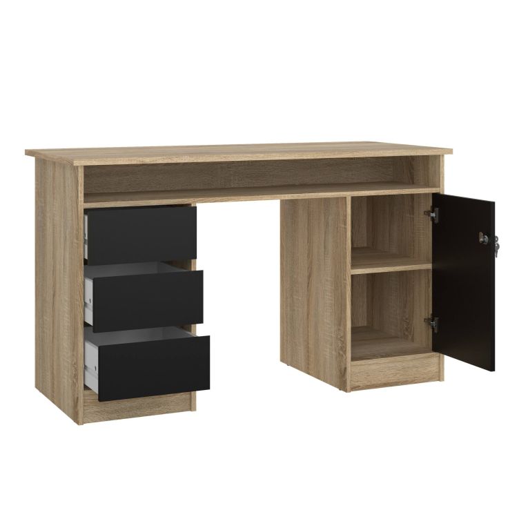 Scrivania Carine, Scrittoio multiuso, Tavolo per ufficio porta PC, Piano di lavoro, 55x126 h76 cm, Quercia e Nero